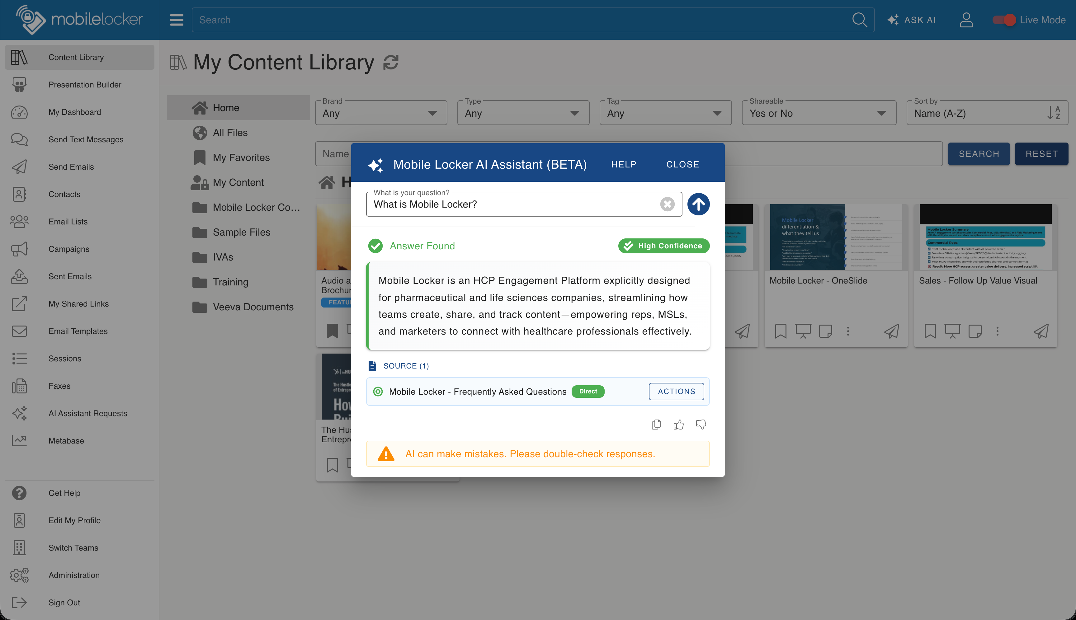 Mobile Locker AI Assistant in browser showing AI dialog with high confidence answer and source document links