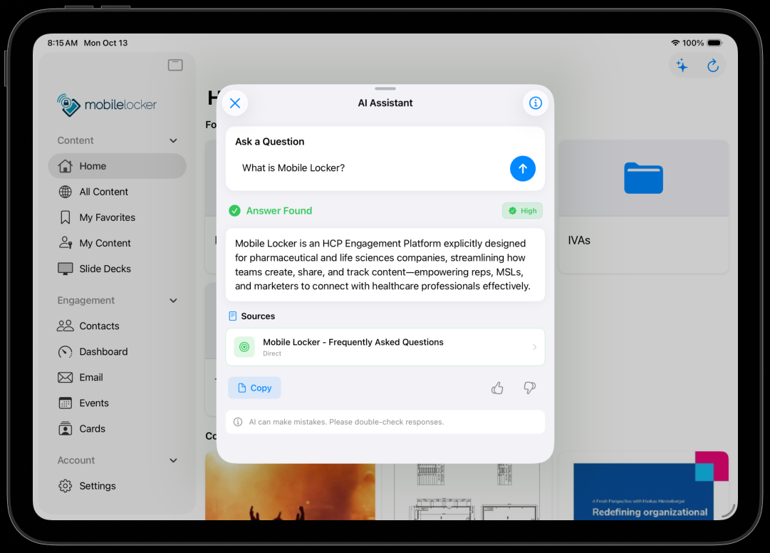 Mobile Locker AI Assistant on iPad showing medical query with sourced answer and document citations
