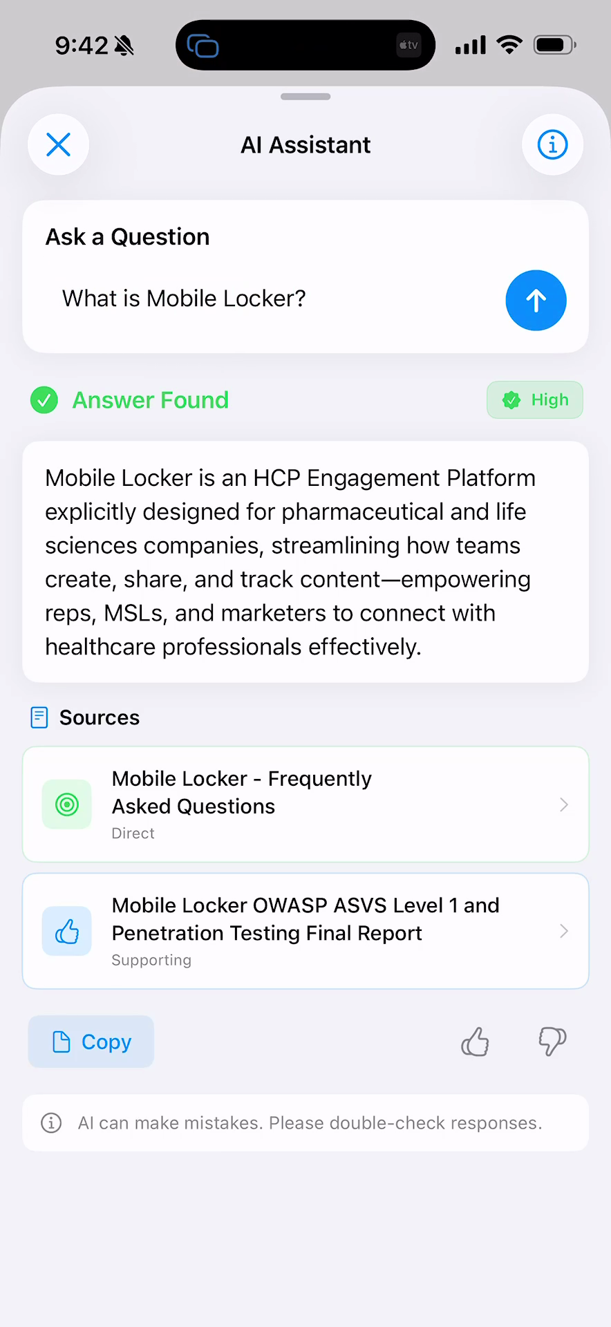 Mobile Locker AI Assistant on iPhone showing answer with High confidence badge and source citations